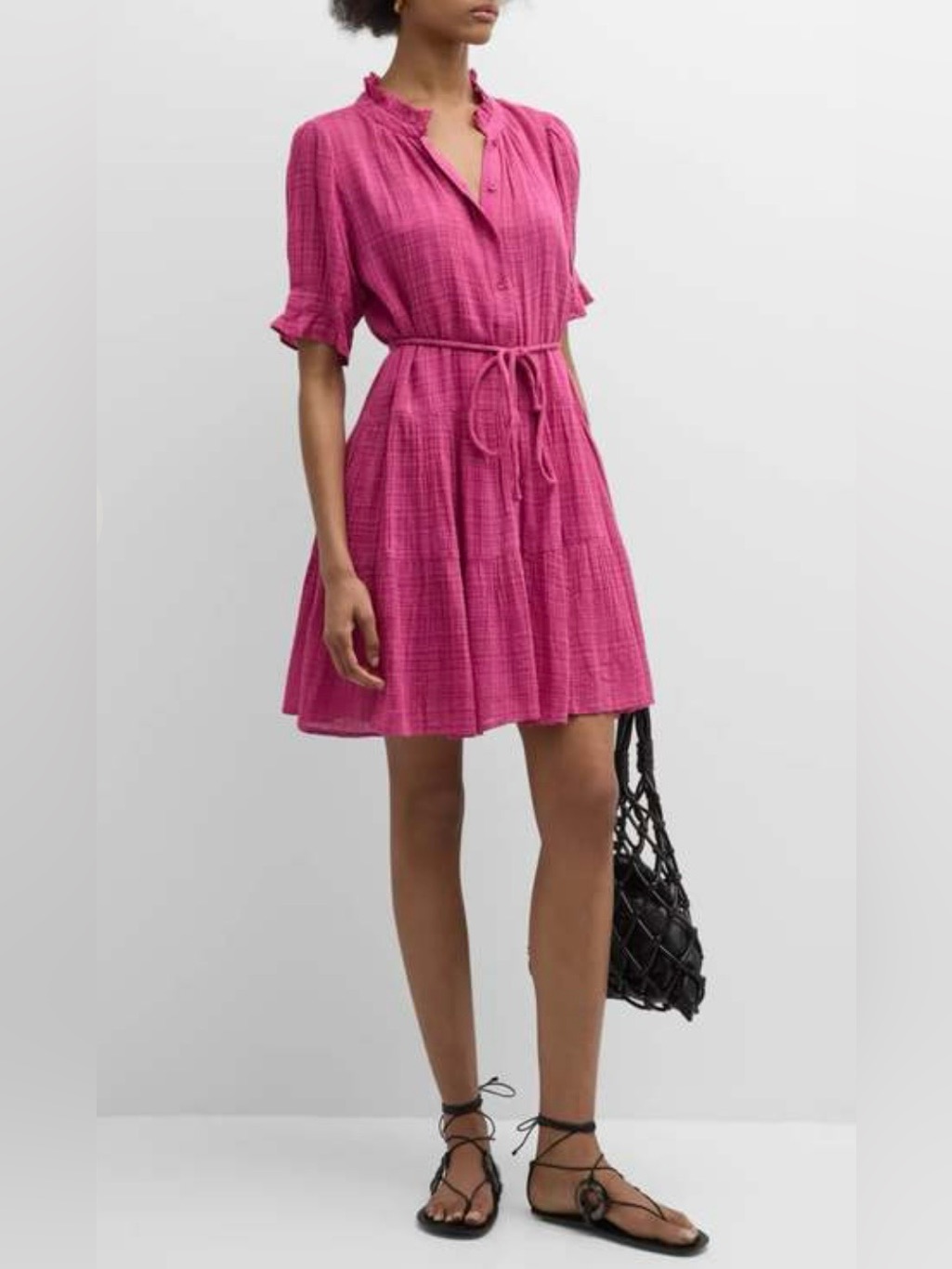 Apiece Apart Las Alturas Cotton Batik Button Front Tiered Mini Dress Raspberry